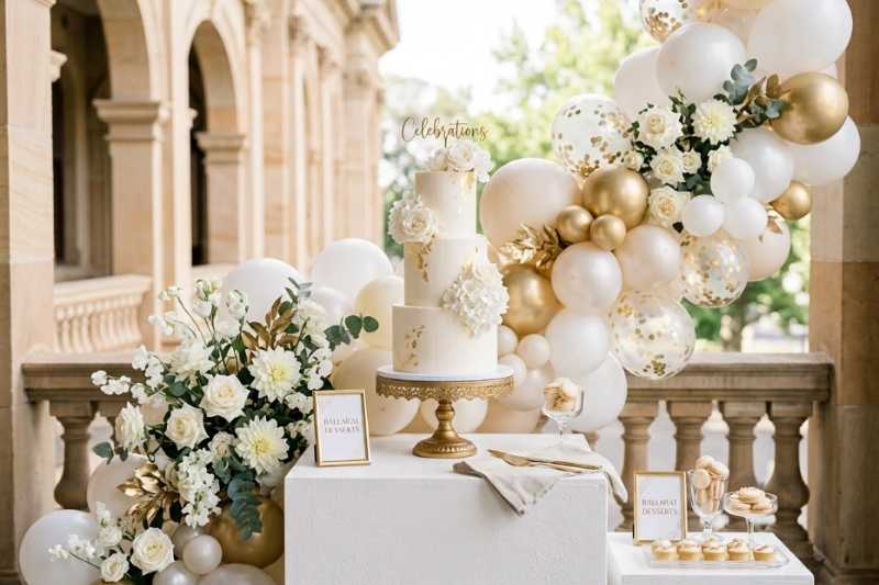 A styled dessert table and florals by The Balloon Stylist