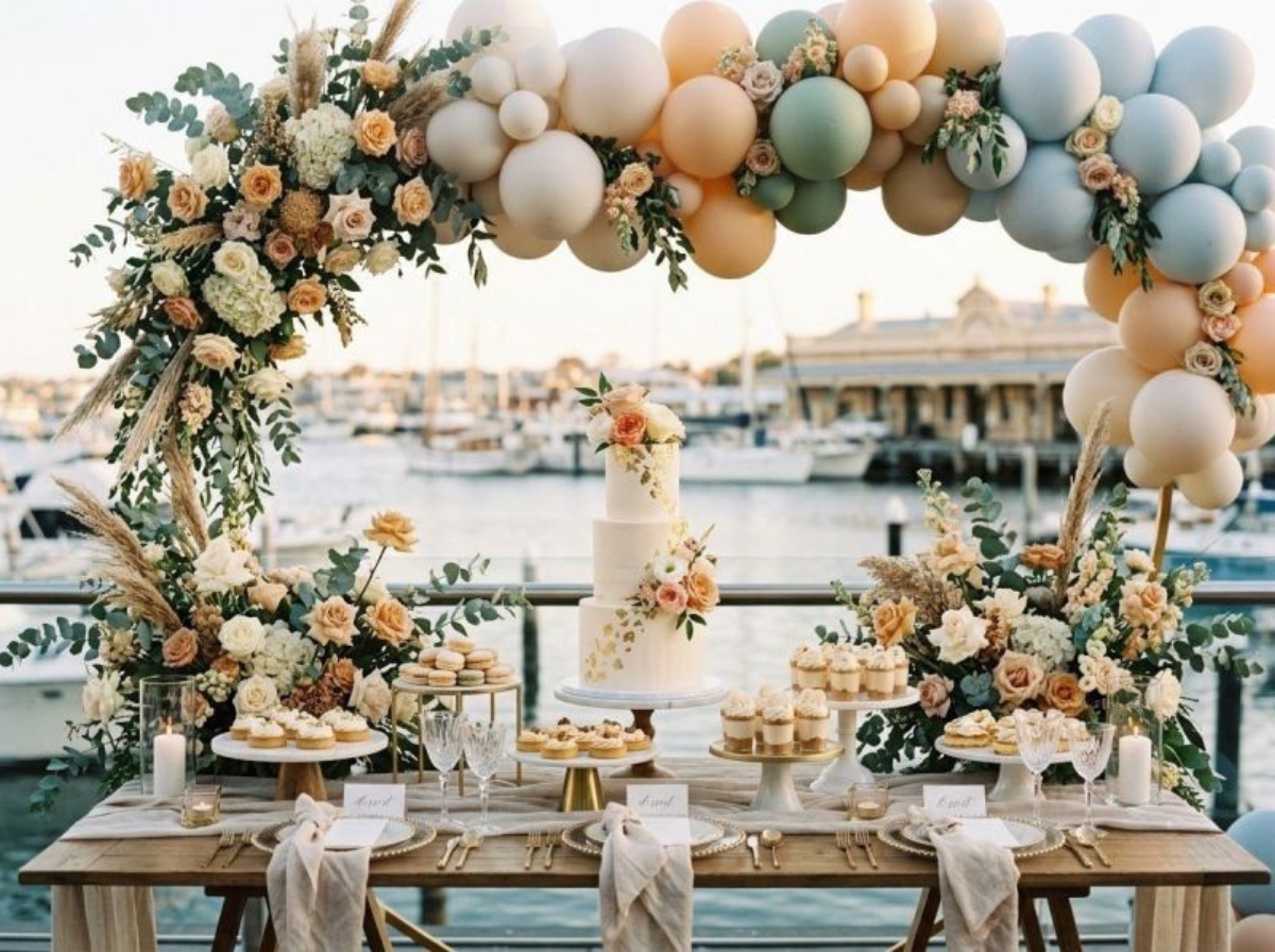 A styled dessert table and florals by The Balloon Stylist