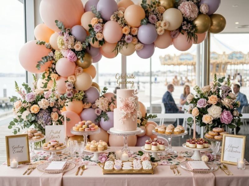 A styled dessert table and florals by The Balloon Stylist