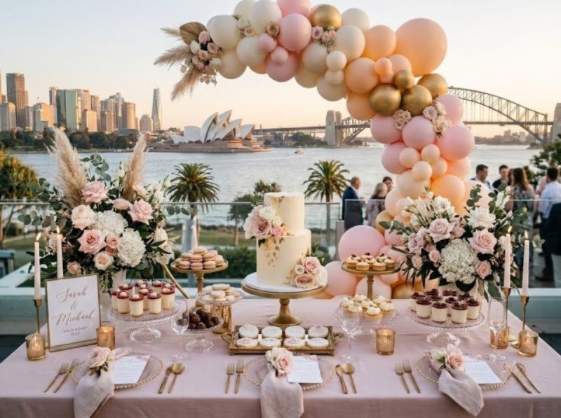 A styled dessert table and florals by The Balloon Stylist