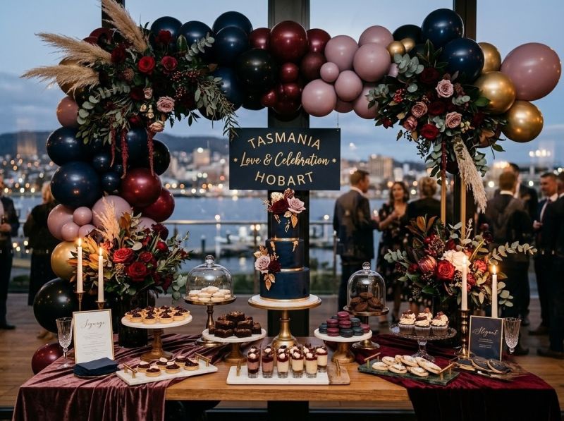 A styled dessert table and florals by The Balloon Stylist