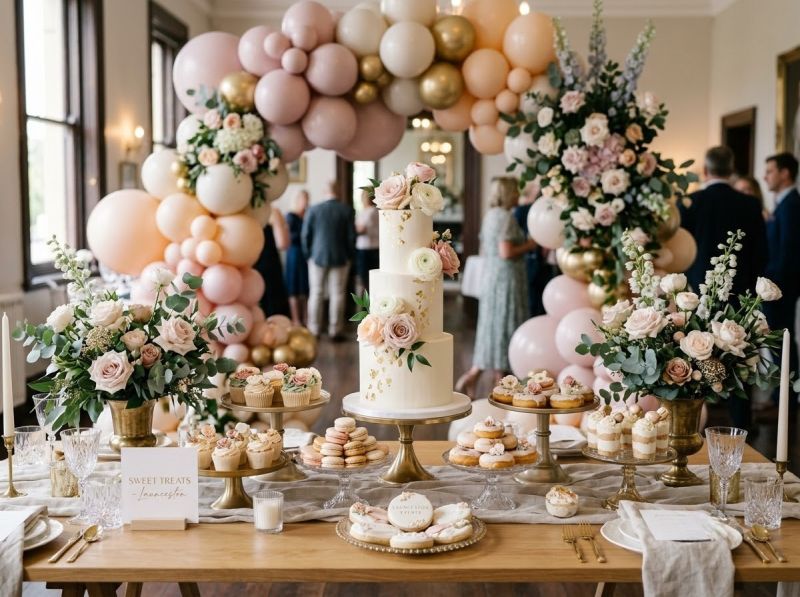A styled dessert table and florals by The Balloon Stylist