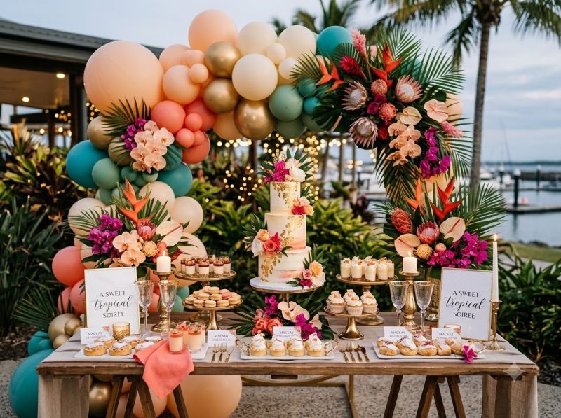 A styled dessert table and florals by The Balloon Stylist