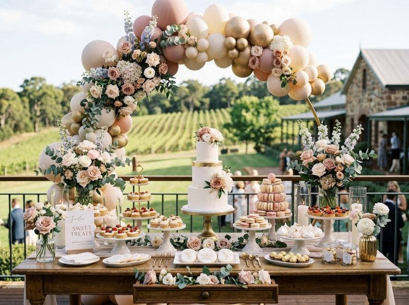 A styled dessert table and florals by The Balloon Stylist