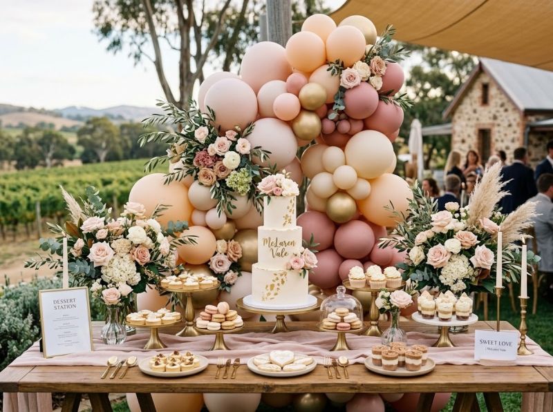 A styled dessert table and florals by The Balloon Stylist