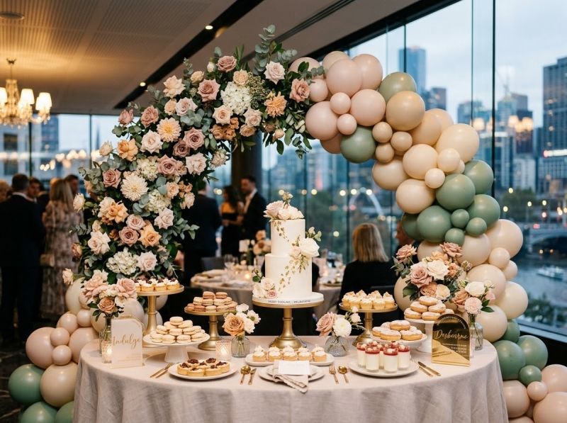 A styled dessert table and florals by The Balloon Stylist