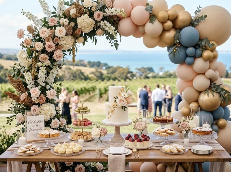 A styled dessert table and florals by The Balloon Stylist