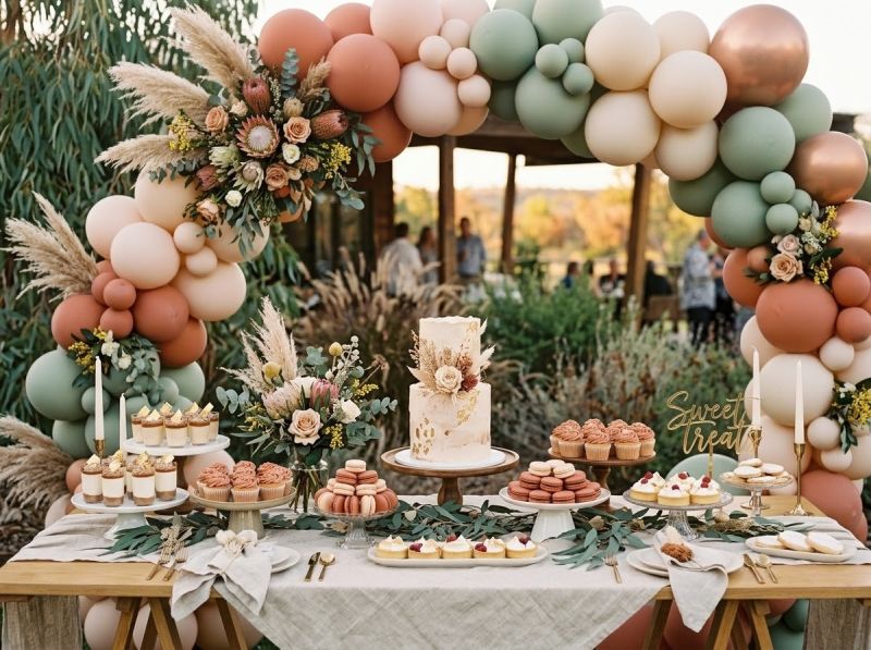 A styled dessert table and florals by The Balloon Stylist
