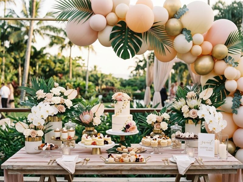 A styled dessert table and florals by The Balloon Stylist