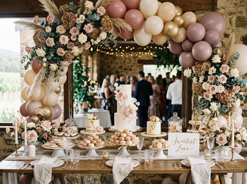 A styled dessert table and florals by The Balloon Stylist