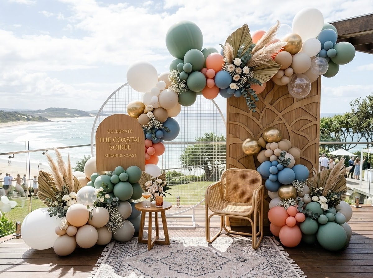 A balloon garland by The Balloon Stylist on the Sunshine Coast