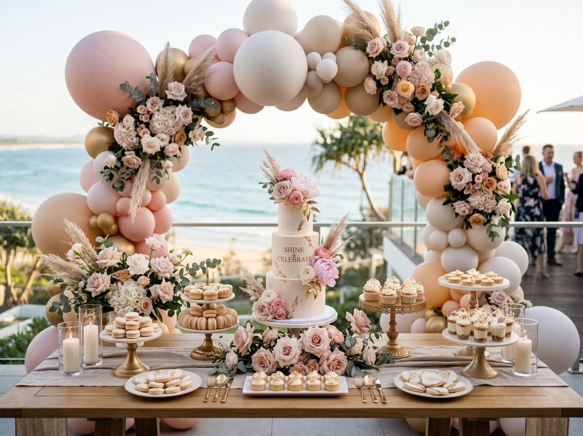 A styled dessert table and florals by The Balloon Stylist