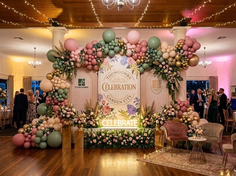 A full event backdrop styled by The Balloon Stylist