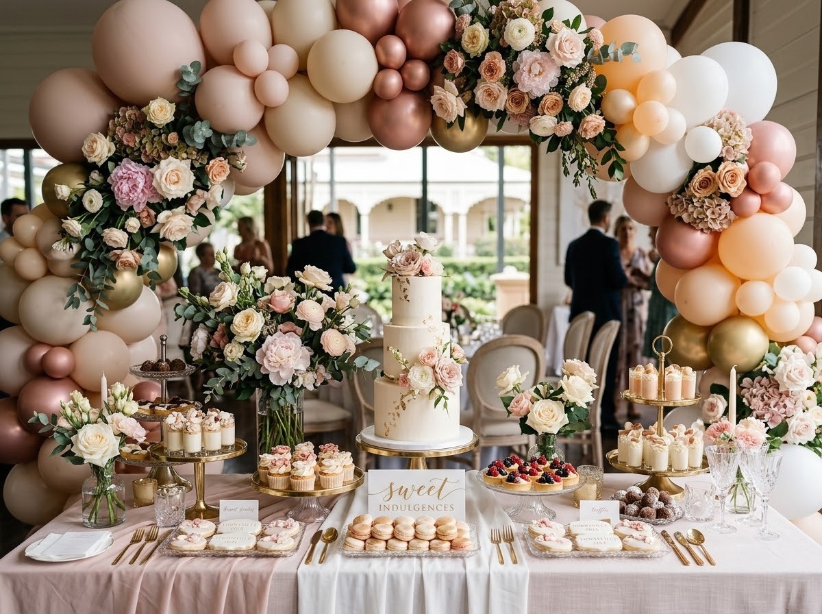 A styled dessert table and florals by The Balloon Stylist