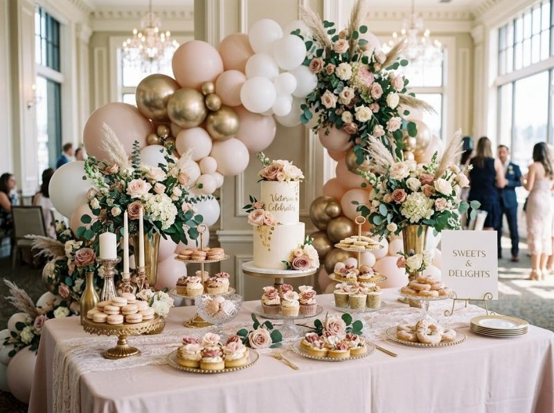 A styled dessert table and florals by The Balloon Stylist