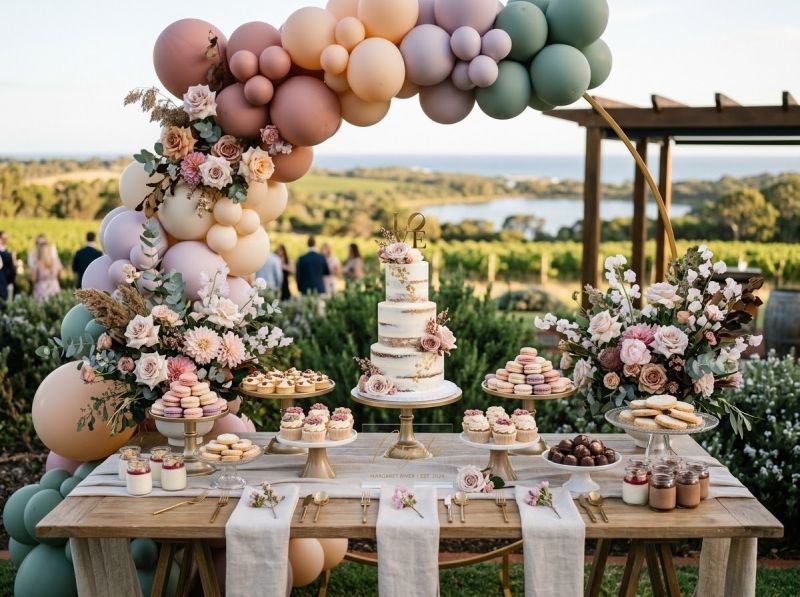 A styled dessert table and florals by The Balloon Stylist